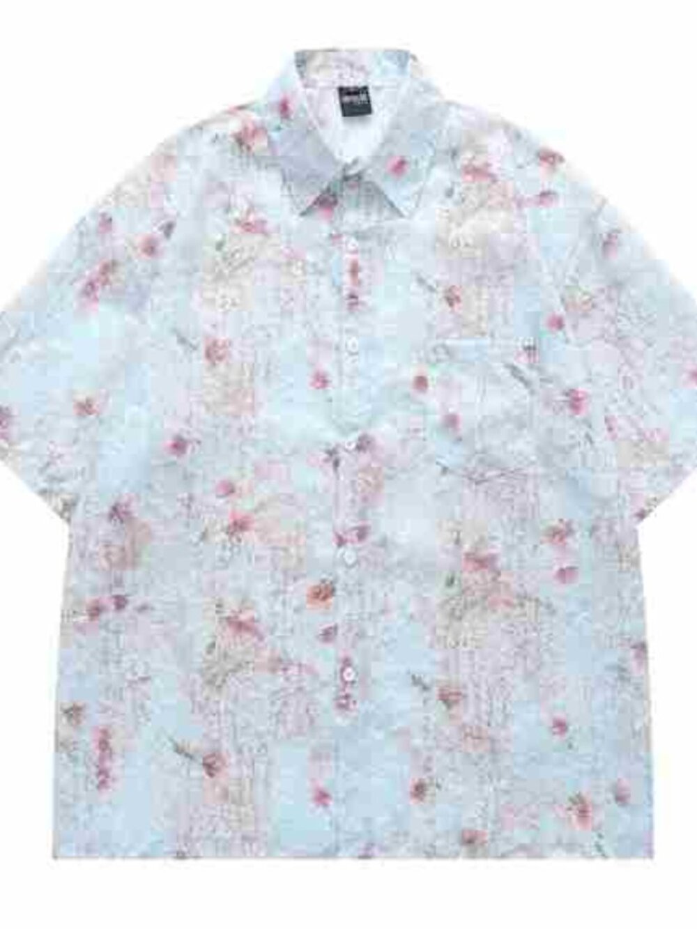 Light Blue Pink Floral Print Short Sleeve Shirt